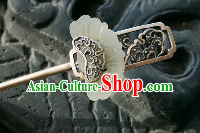 Chinese Ancient Princess Silver Carving Hair Accessories Traditional Cheongsam Jade Hairpin Chinese Ancient Princess Silver Carving Hair Accessories Traditional Cheongsam Jade Hairpin