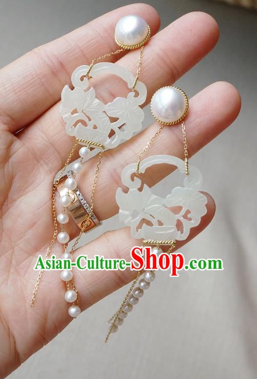 Top Grade Chinese Handmade Pearls Tassel Ear Jewelry Classical Jade Earrings Traditional Accessories Top Grade Chinese Handmade Pearls Tassel Ear Jewelry Classical Jade Earrings Traditional Accessories