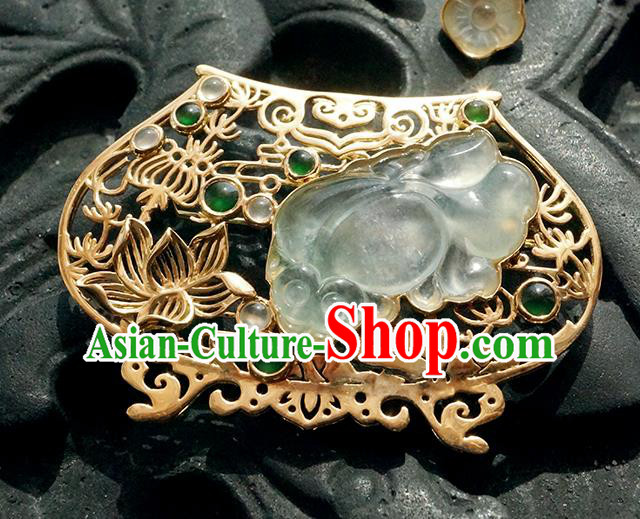 China Classical Qing Dynasty Golden Lotus Brooch Traditional Handmade Court Jade Breastpin China Classical Qing Dynasty Golden Lotus Brooch Traditional Handmade Court Jade Breastpin