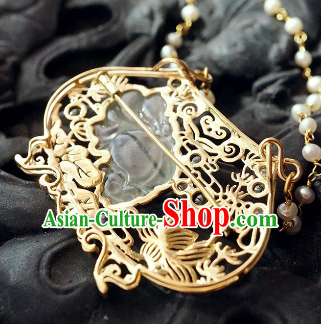 China Classical Qing Dynasty Golden Lotus Brooch Traditional Handmade Court Jade Breastpin China Classical Qing Dynasty Golden Lotus Brooch Traditional Handmade Court Jade Breastpin