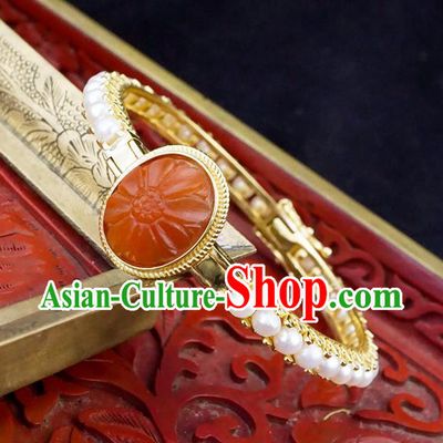 Chinese Traditional Agate Bangle Accessories Ancient Qing Dynasty Court Pearls Bracelet Gems Jewelry