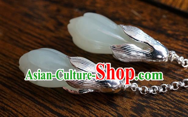 Top Grade Chinese Handmade Silver Ear Jewelry Traditional Accessories Classical Jade Mangnolia Earrings Top Grade Chinese Handmade Silver Ear Jewelry Traditional Accessories Classical Jade Mangnolia Earrings