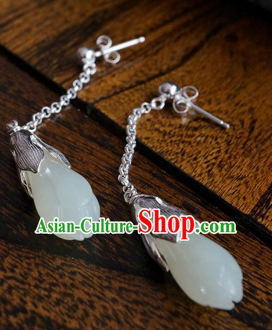 Top Grade Chinese Handmade Silver Ear Jewelry Traditional Accessories Classical Jade Mangnolia Earrings Top Grade Chinese Handmade Silver Ear Jewelry Traditional Accessories Classical Jade Mangnolia Earrings