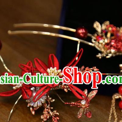 Chinese Classical Hair Accessories Traditional Wedding Red Silk Hairpins Full Set