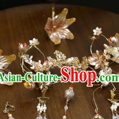 Chinese Classical Tassel Step Shake Hair Accessories Traditional Wedding Champagne Flowers Hairpins Full Set