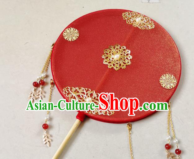 Chinese Traditional Red Silk Palace Fan Wedding Accessories Handmade Tassel Round Fans Chinese Traditional Red Silk Palace Fan Wedding Accessories Handmade Tassel Round Fans
