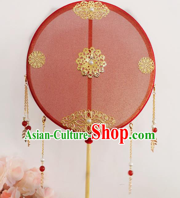 Chinese Traditional Red Silk Palace Fan Wedding Accessories Handmade Tassel Round Fans Chinese Traditional Red Silk Palace Fan Wedding Accessories Handmade Tassel Round Fans