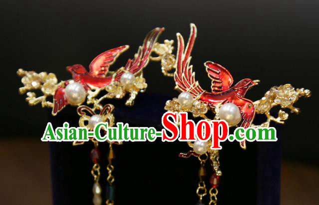 Chinese Classical Golden Hair Sticks Hair Accessories Traditional Wedding Red Bird Tassel Hairpins Chinese Classical Golden Hair Sticks Hair Accessories Traditional Wedding Red Bird Tassel Hairpins