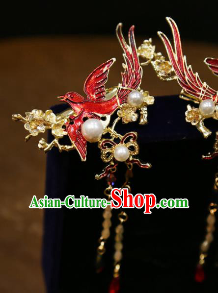 Chinese Classical Golden Hair Sticks Hair Accessories Traditional Wedding Red Bird Tassel Hairpins Chinese Classical Golden Hair Sticks Hair Accessories Traditional Wedding Red Bird Tassel Hairpins