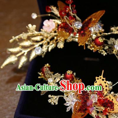 Chinese Classical Red Butterfly Hair Sticks Hair Accessories Traditional Wedding Crystal Hairpins