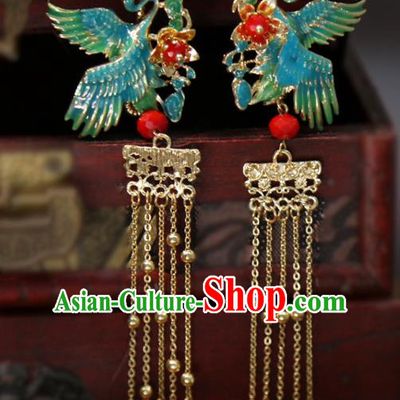 Chinese Classical Blueing Crane Hair Sticks Hair Accessories Traditional Wedding Golden Tassel Hairpins