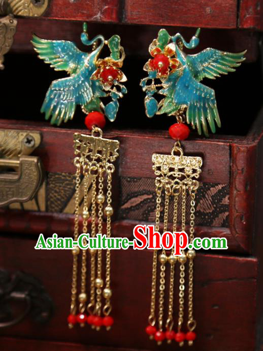 Chinese Classical Blueing Crane Hair Sticks Hair Accessories Traditional Wedding Golden Tassel Hairpins Chinese Classical Blueing Crane Hair Sticks Hair Accessories Traditional Wedding Golden Tassel Hairpins