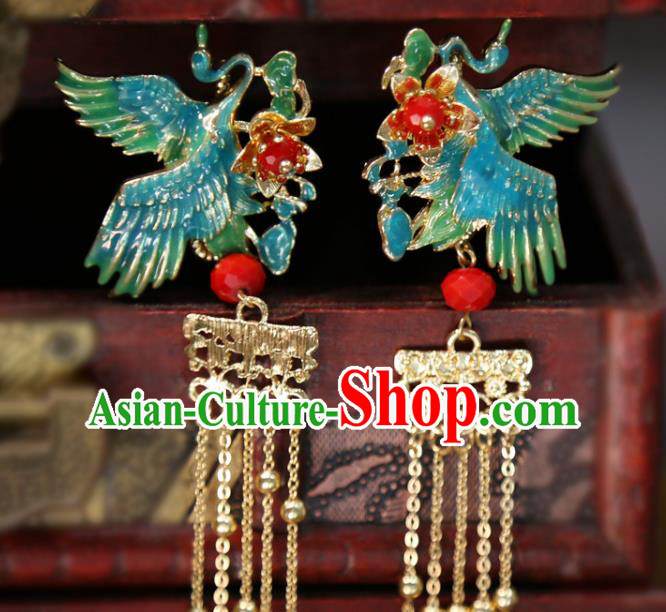 Chinese Classical Blueing Crane Hair Sticks Hair Accessories Traditional Wedding Golden Tassel Hairpins Chinese Classical Blueing Crane Hair Sticks Hair Accessories Traditional Wedding Golden Tassel Hairpins