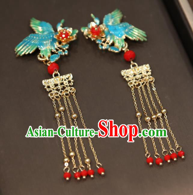 Chinese Classical Blueing Crane Hair Sticks Hair Accessories Traditional Wedding Golden Tassel Hairpins Chinese Classical Blueing Crane Hair Sticks Hair Accessories Traditional Wedding Golden Tassel Hairpins