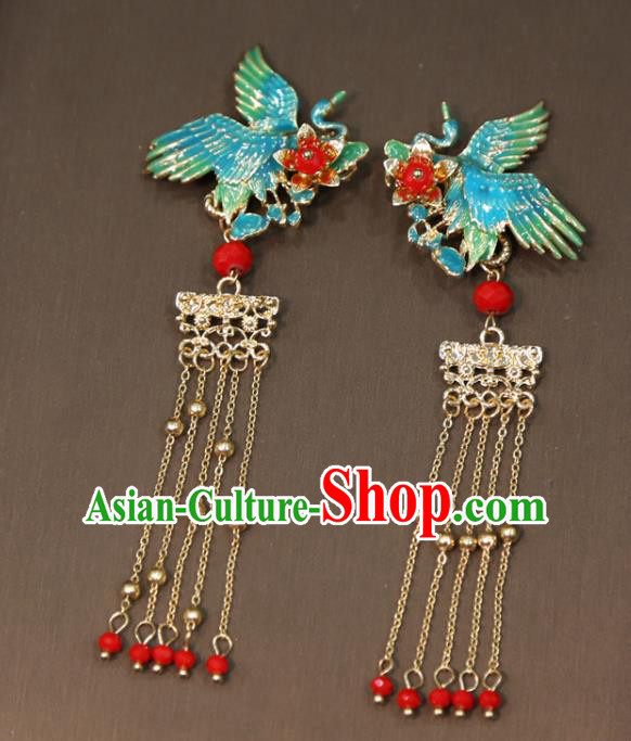 Chinese Classical Blueing Crane Hair Sticks Hair Accessories Traditional Wedding Golden Tassel Hairpins Chinese Classical Blueing Crane Hair Sticks Hair Accessories Traditional Wedding Golden Tassel Hairpins