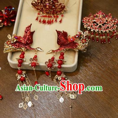 Chinese Classical Red Crane Hair Accessories Traditional Wedding Hairpins Tassel Hair Sticks Full Set