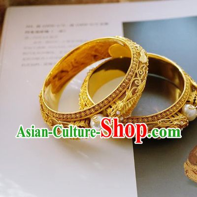 Chinese Traditional Carving Dragon Bangle Accessories Handmade Qing Dynasty Court Golden Bracelet Jewelry