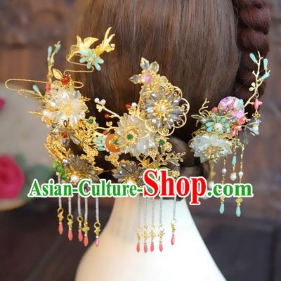 Chinese Wedding Hair Crown Classical Hair Accessories Traditional Tassel Hairpins Full Set