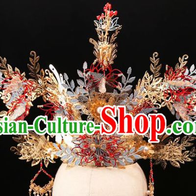 Chinese Wedding Golden Tassel Phoenix Coronet Traditional Xiuhe Suit Hair Crown Bride Hair Accessories Full Set