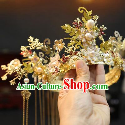 Chinese Bride Golden Hair Crown Xiuhe Suit Hair Accessories Traditional Wedding Phoenix Coronet