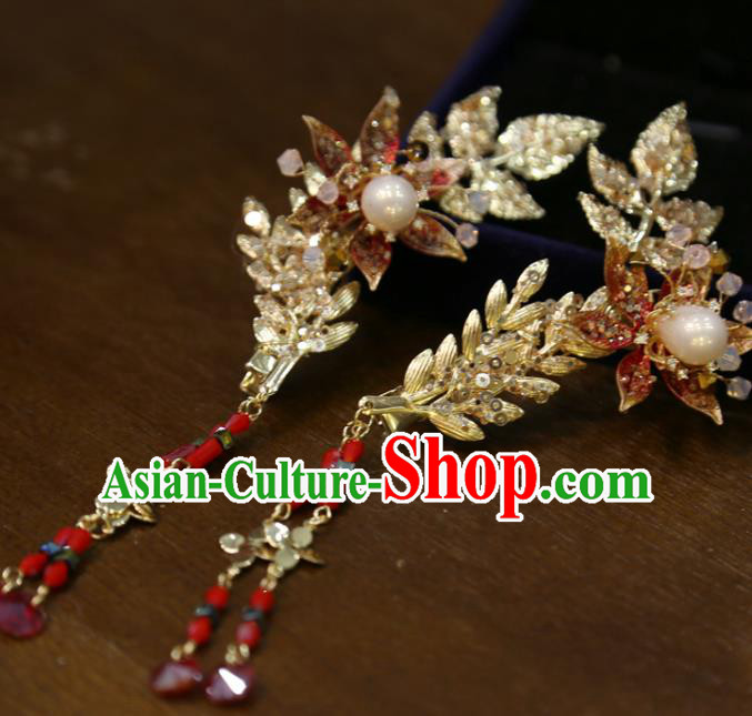 Chinese Traditional Wedding Golden Leaf Hair Sticks Classical Hair Accessories Xiuhe Suit Hairpins Chinese Traditional Wedding Golden Leaf Hair Sticks Classical Hair Accessories Xiuhe Suit Hairpins