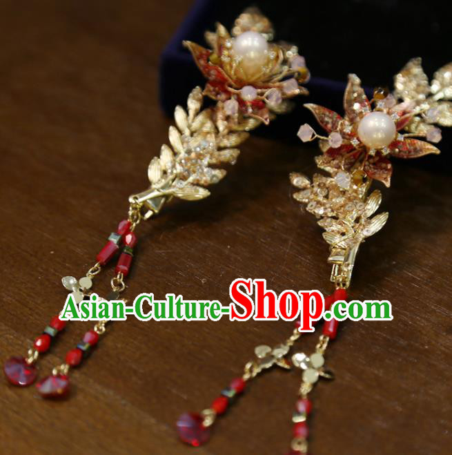 Chinese Traditional Wedding Golden Leaf Hair Sticks Classical Hair Accessories Xiuhe Suit Hairpins Chinese Traditional Wedding Golden Leaf Hair Sticks Classical Hair Accessories Xiuhe Suit Hairpins