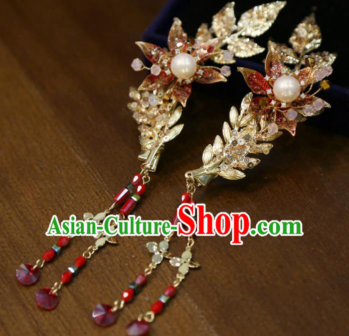 Chinese Traditional Wedding Golden Leaf Hair Sticks Classical Hair Accessories Xiuhe Suit Hairpins Chinese Traditional Wedding Golden Leaf Hair Sticks Classical Hair Accessories Xiuhe Suit Hairpins