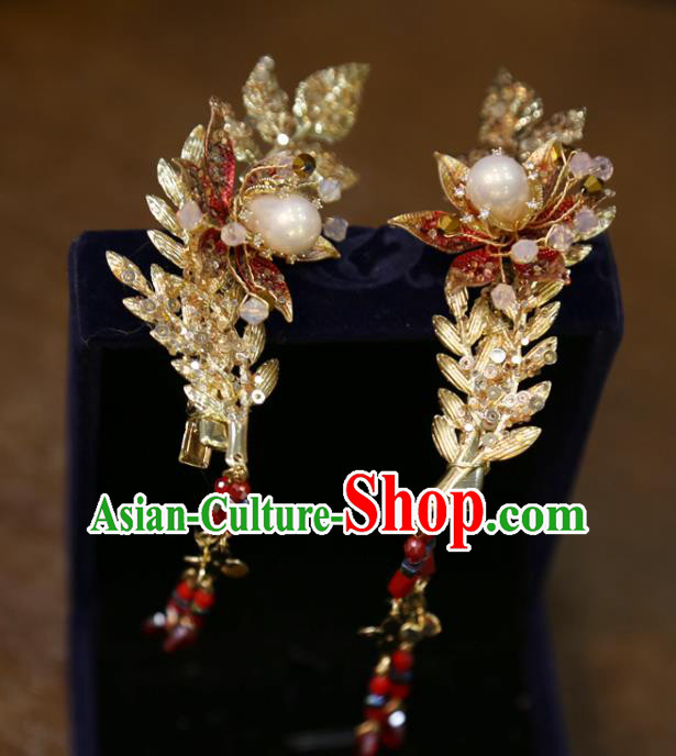 Chinese Traditional Wedding Golden Leaf Hair Sticks Classical Hair Accessories Xiuhe Suit Hairpins Chinese Traditional Wedding Golden Leaf Hair Sticks Classical Hair Accessories Xiuhe Suit Hairpins