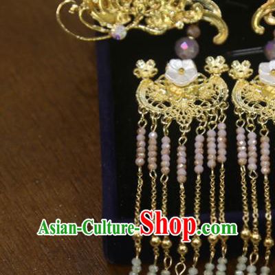 Chinese Traditional Golden Hair Sticks Classical Wedding Hair Accessories Xiuhe Suit Beads Tassel Hairpins