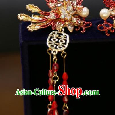 Chinese Wedding Xiuhe Suit Red Beads Tassel Hairpins Traditional Classical Hair Accessories Phoenix Hair Sticks
