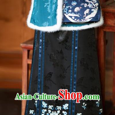 Chinese Qing Dynasty Black Satin Skirt Traditional Costume Noble Woman Bust Skirt