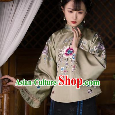 Chinese Traditional Upper Outer Garment Clothing Republic of China Coat Tang Suit Embroidered Green Silk Jacket for Women