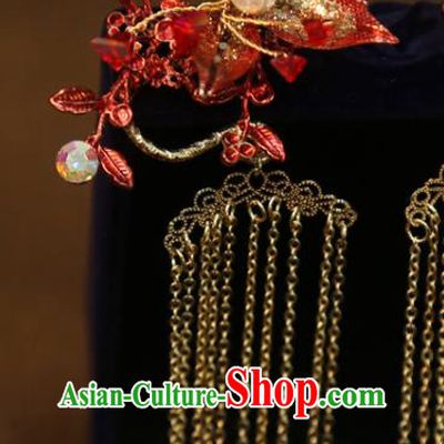 Chinese Wedding Golden Tassel Hairpins Traditional Classical Hair Accessories Xiuhe Suit Red Flower Hair Sticks
