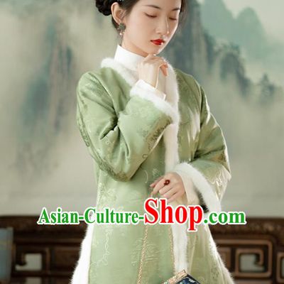 Chinese Tang Suit Cotton Padded Jacket Republic of China Clothing Traditional Upper Outer Garment Green Silk Coat for Women