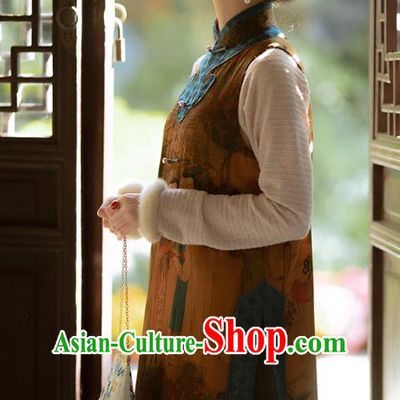 Chinese Traditional Costume Brown Silk Qipao Dress Printing Vest Cheongsam