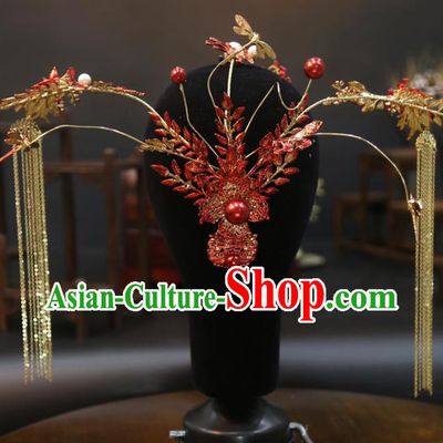 China Handmade Golden Tassel Hair Crown Wedding Hair Jewelry Accessories Traditional Bride Red Phoenix Coronet