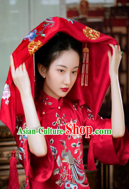 Chinese Handmade Red Bridal Veil Traditional Wedding Embroidered Accessories Classical Headpiece Chinese Handmade Red Bridal Veil Traditional Wedding Embroidered Accessories Classical Headpiece