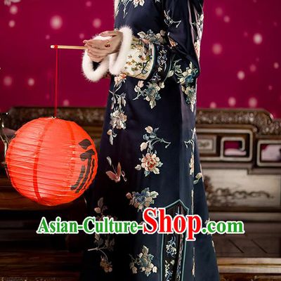 Chinese Traditional Qing Dynasty Costumes Ancient Noble Lady Clothing Winter Embroidered Navy Silk Qipao Dress