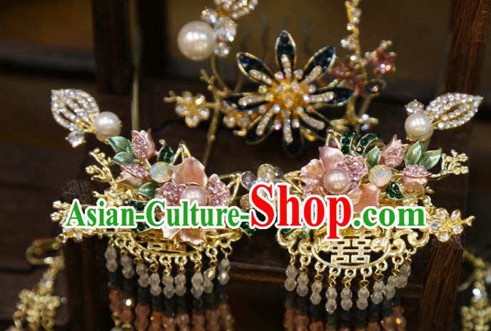 Chinese Wedding Hairpins Traditional Classical Hair Accessories Xiuhe Suit Beads Tassel Hair Sticks