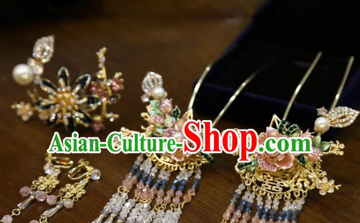 Chinese Wedding Hairpins Traditional Classical Hair Accessories Xiuhe Suit Beads Tassel Hair Sticks