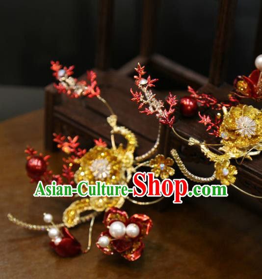 Chinese Xiuhe Suit Red Flower Hairpins Classical Hair Accessories Traditional Wedding Hair Sticks Chinese Xiuhe Suit Red Flower Hairpins Classical Hair Accessories Traditional Wedding Hair Sticks