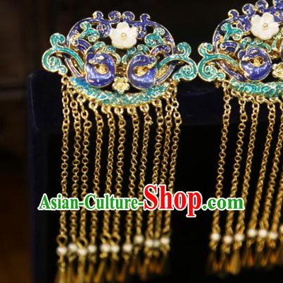 Chinese Xiuhe Suit Blueing Phoenix Hairpins Classical Hair Accessories Traditional Wedding Golden Tassel Hair Claws