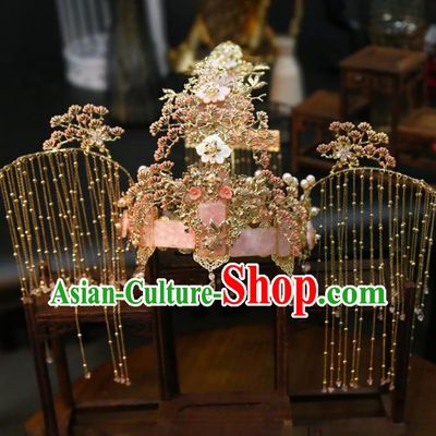 Chinese Wedding Xiuhe Suit Pink Phoenix Coronet Classical Pine Hair Crown Traditional Hair Accessories