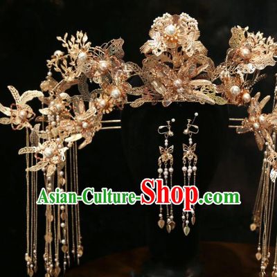 Chinese Wedding Xiuhe Suit Phoenix Coronet Traditional Hair Accessories Classical Butterfly Hair Crown Hairpins Full Set