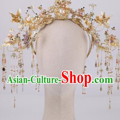 Chinese Xiuhe Suit Pearl Hair Crown Headpieces Traditional Wedding Hair Accessories Classical Golden Phoenix Coronet Full Set