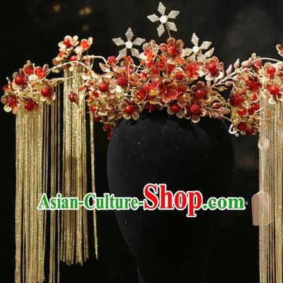 Chinese Xiuhe Suit Hair Crown Traditional Wedding Hair Accessories Classical Red Beads Phoenix Coronet Headpieces