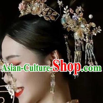Chinese Xiuhe Suit Hair Crown and Tassel Hairpins Traditional Wedding Hair Accessories Full Set