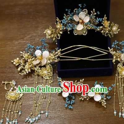 Chinese Xiuhe Suit Shell Plum Hair Crown Classical Hair Accessories Traditional Wedding Tassel Hairpins Full Set