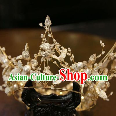 Top Wedding Golden Leaf Royal Crown Handmade Bride Accessories Europe Princess Hair Jewelry