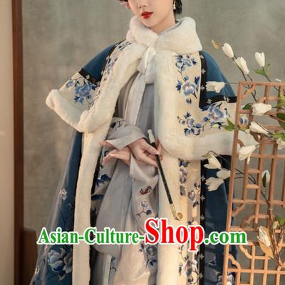 China Ancient Ming Dynasty Noble Mistress Blue Cloak Traditional Hanfu Embroidered Clothing for Women